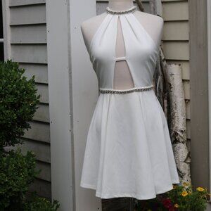 NEW TOBI Ivory Stretch Halter Cut Out Front Bead & Rhinestone Trim A-Line Dress